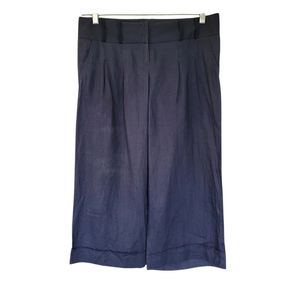 Elie Tahari Cropped Wide Leg Pants Navy Blue Womens Size 6 Ramie Sheer Trousers